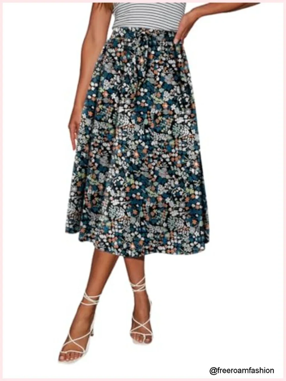Print Midi Skirt High Waist Elastic A-Line Bohe Swing Skirts with Pocket